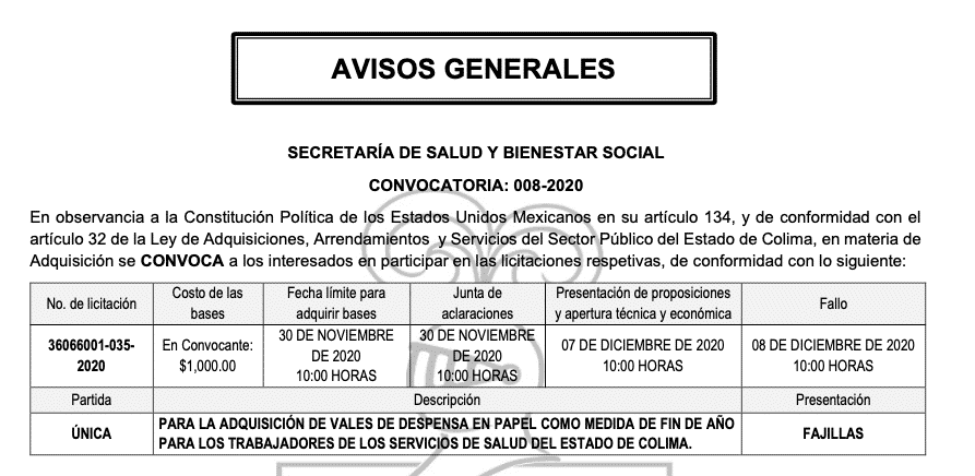 Licitaciones Colima 2020 Vigentes de vales de despensa y luminarias 1 Licitaciones Colima 2020 Vigentes de vales de despensa y luminarias