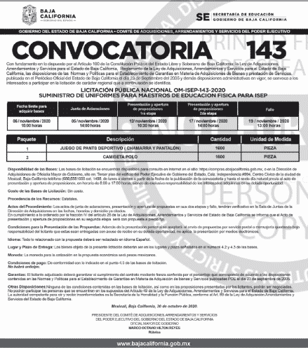 Licitaciones Baja California 2020 de Uniformes Licitaciones Baja California 2020 de Uniformes