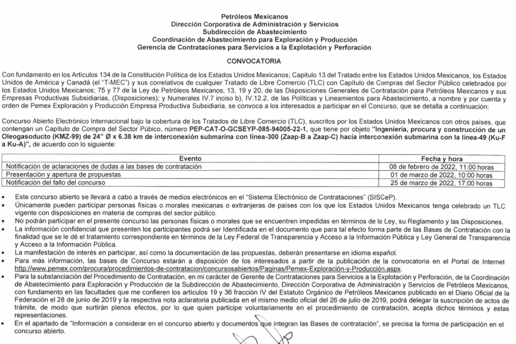 Licitaciones de Pemex del 2022 Vigentes con Bases